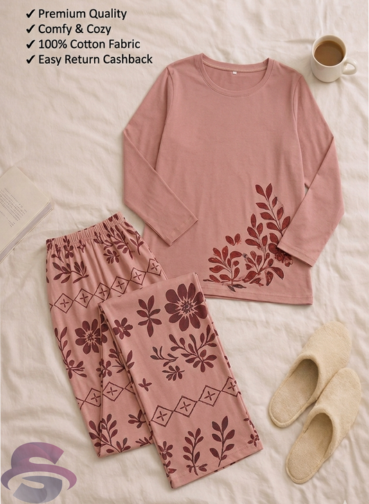 Pink Floral Full Sleeves Printed Casual Night Dress With Matching Trousers