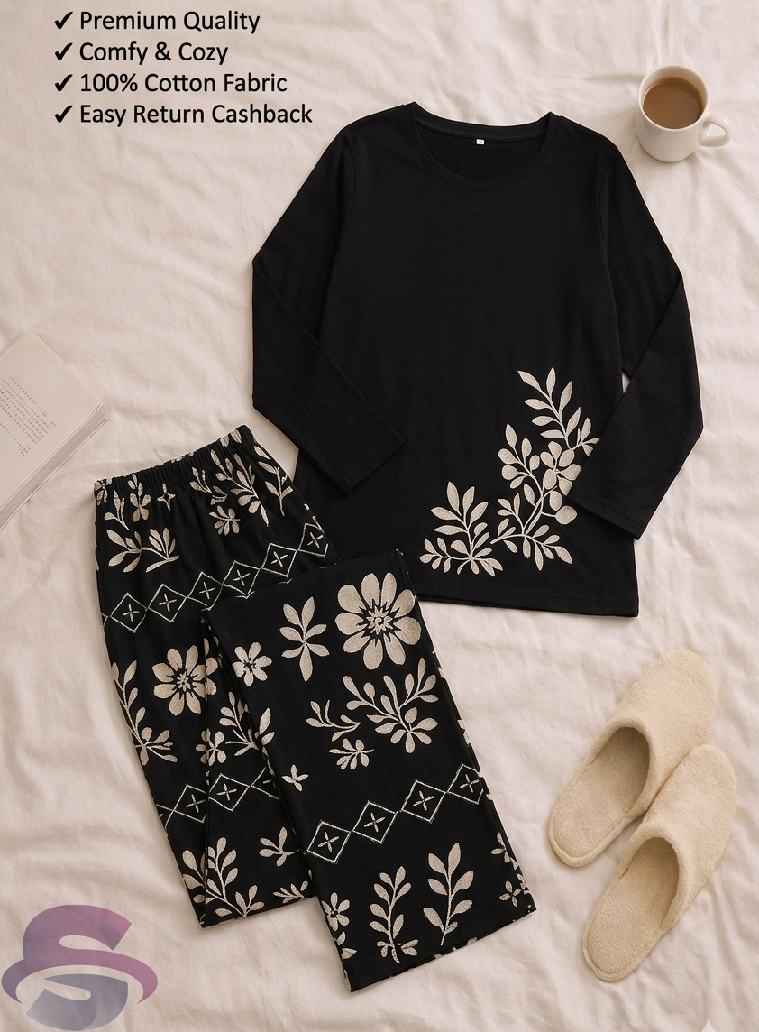 Black Floral Full Sleeves Printed Casual Night Dress With Matching Trousers