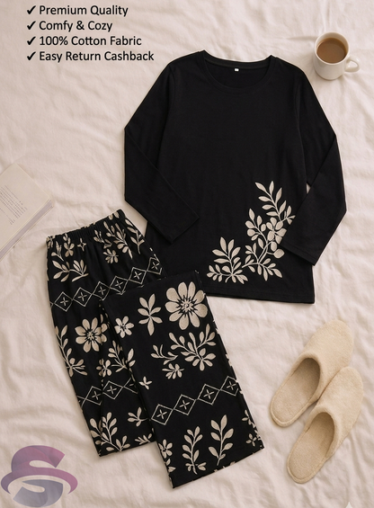 Black Floral Full Sleeves Printed Casual Night Dress With Matching Trousers