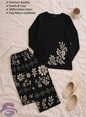 Black Floral Full Sleeves Printed Casual Night Dress With Matching Trousers