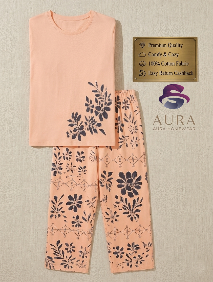 Peach Floral Full Sleeves Printed Casual Night Dress With Matching Trousers