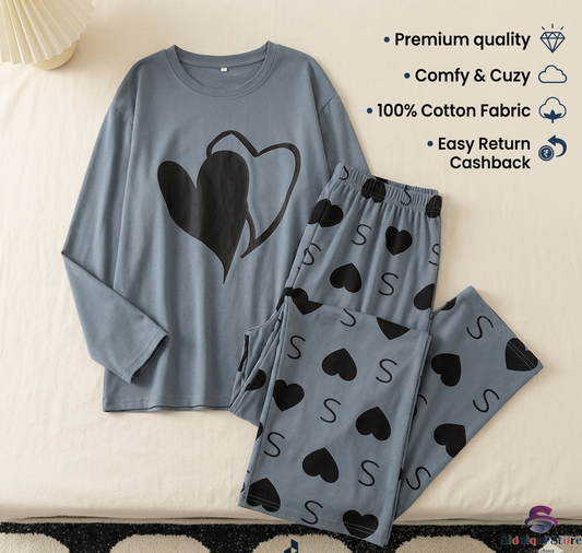 Grey Double Heart Printed Full Sleeves T-shirt with Little Heart Printed Matching Trousers