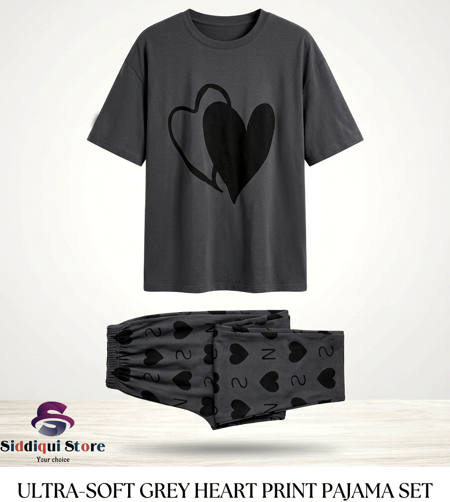 Grey Double Heart Printed Half Sleeves T-shirt with Little Heart Printed Matching Trousers
