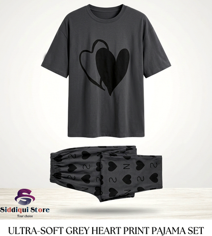 Grey Double Heart Printed Half Sleeves T-shirt with Little Heart Printed Matching Trousers