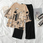 Brown Graphic Printed T-shirt with Sold Black Trouser Dress
