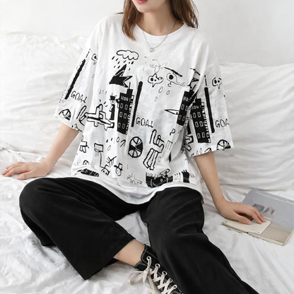 White Graphic Printed T-shirt with Sold Black Trouser Dress