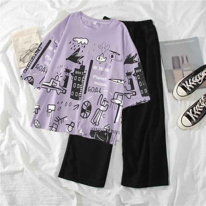 Purple Graphic Printed T-shirt with Sold Black Trouser Dress