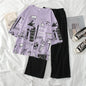 Purple Graphic Printed T-shirt with Sold Black Trouser Dress