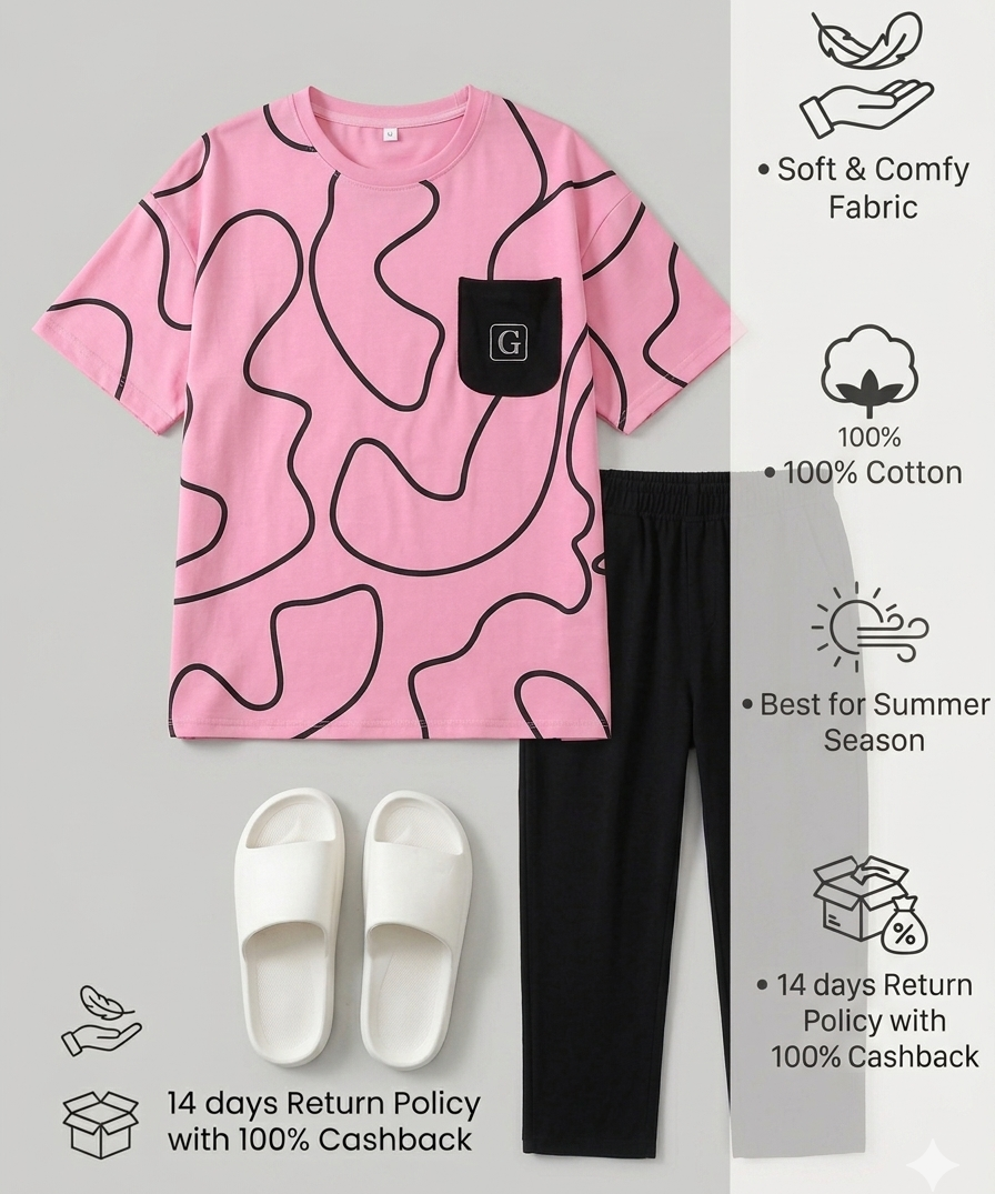 Premium G Pocket Printed T-shirt With Solid Black Trouser Sportswear Tracksuit