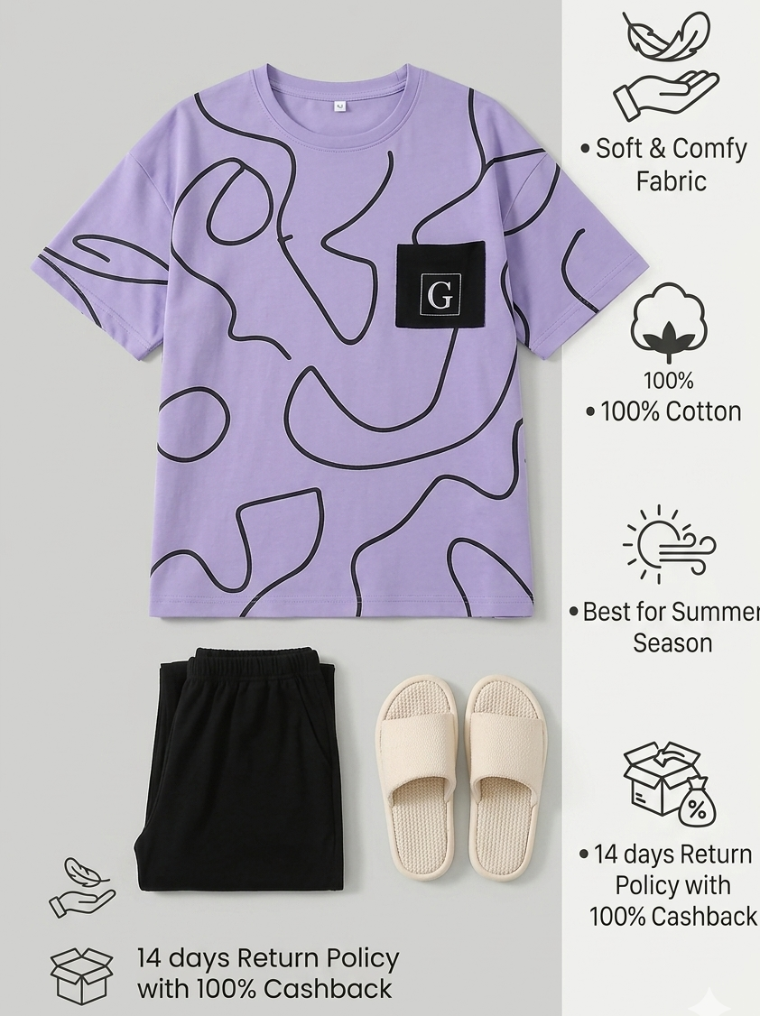 Premium G Pocket Printed T-shirt With Solid Black Trouser Sportswear Tracksuit