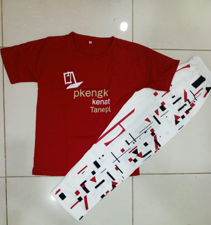 Red T-Shirt & White Matching Printed Trouser Sleepwear Set