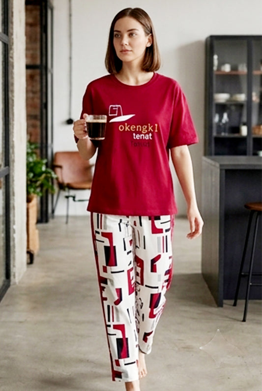 Red T-Shirt & White Matching Printed Trouser Sleepwear Set