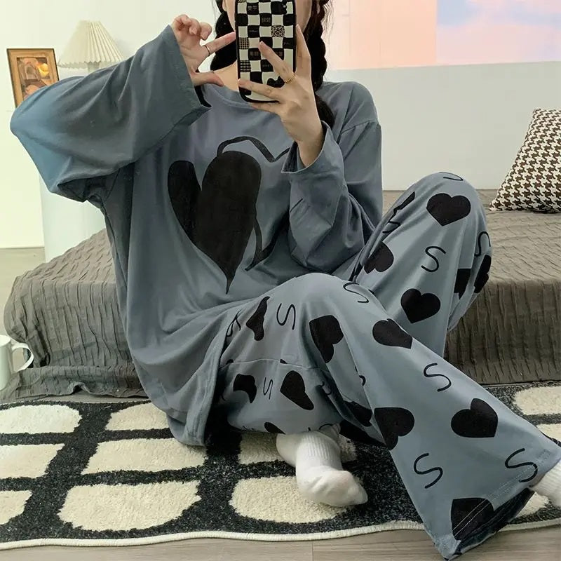 Grey Double Heart Printed T-shirt with Little Heart Printed Matching Trousers