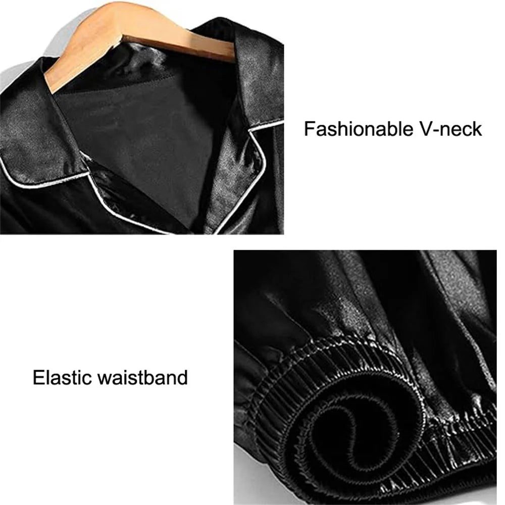 Black Nighty Finely Stitched Men’s Silk Satin Pajama Set – Luxurious Nightwear for Men