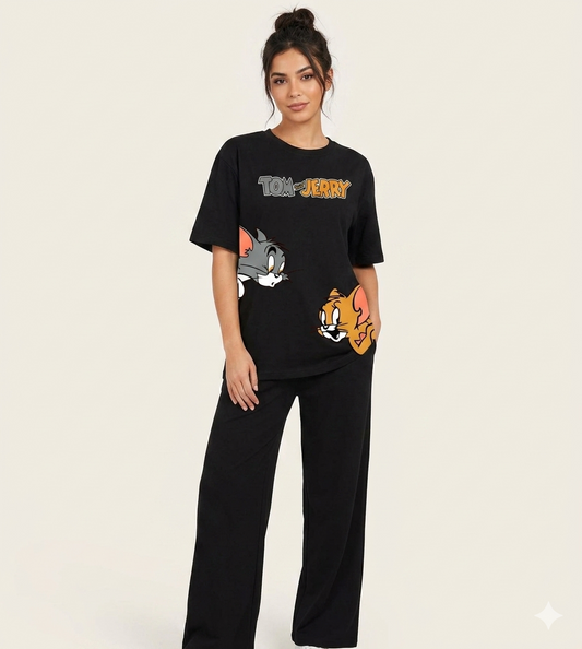 Woman wearing a black 'Tom and Jerry' themed outfit on a white background
