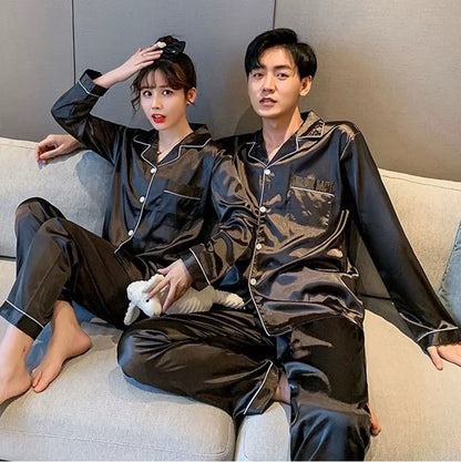 Black Nighty Finely Stitched Silk Satin Pajama Set – Luxurious Nightwear for couple