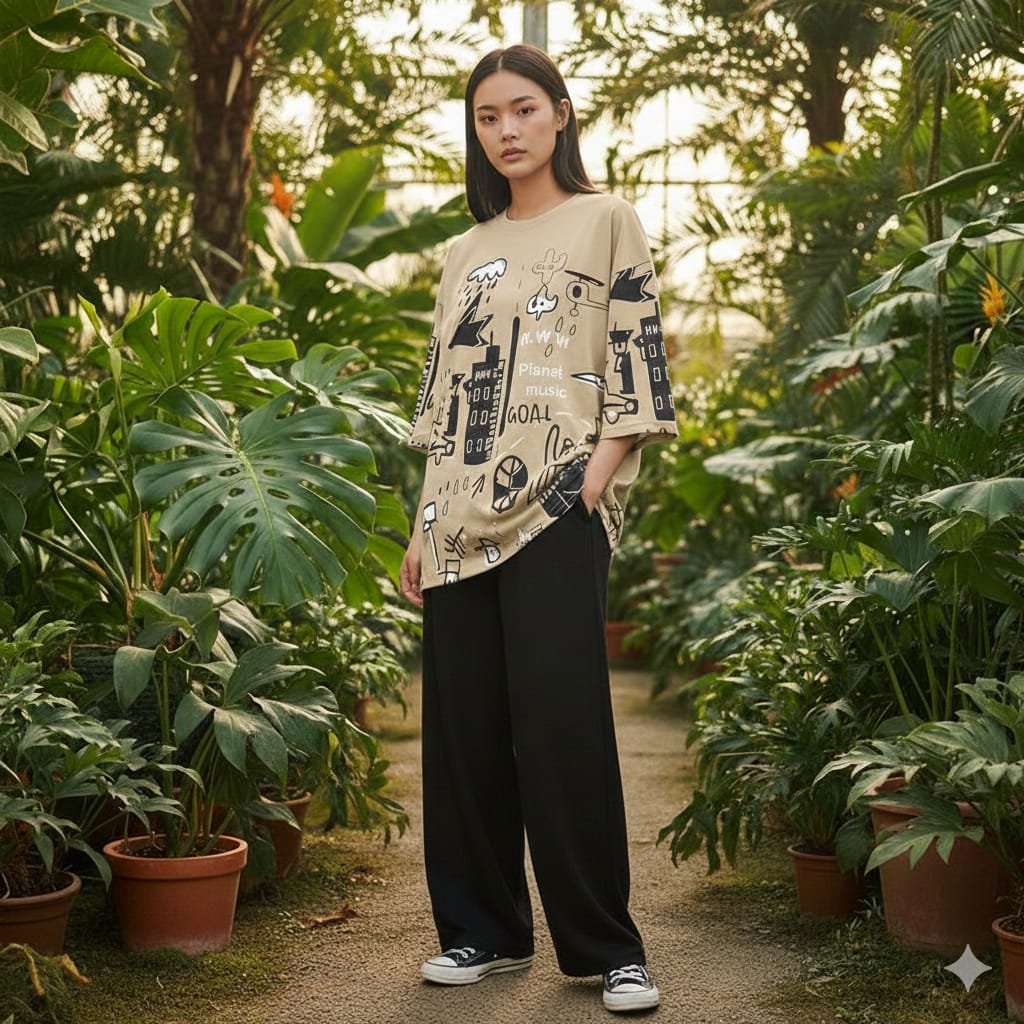 Brown Graphic Printed T-shirt with Sold Black Trouser Dress
