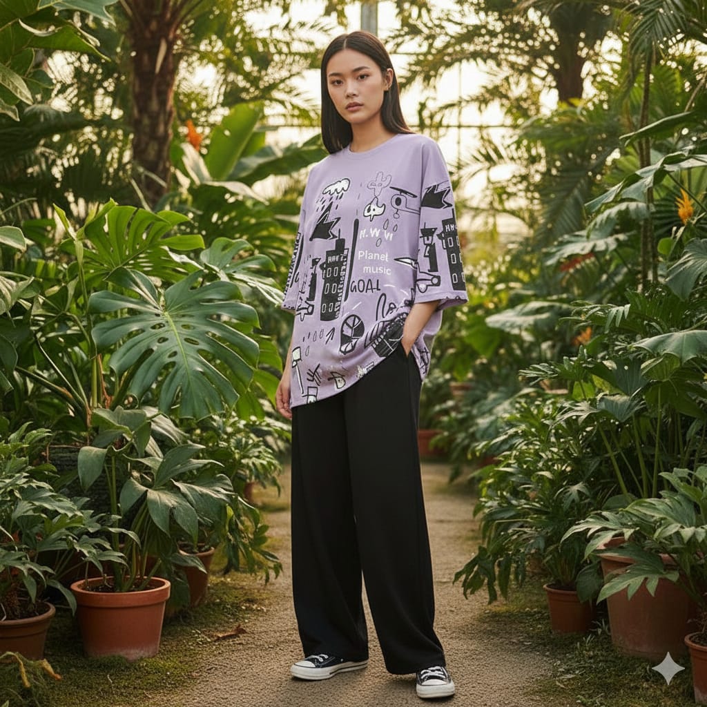 Purple Graphic Printed T-shirt with Sold Black Trouser Dress