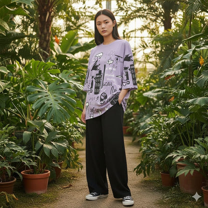 Purple Graphic Printed T-shirt with Sold Black Trouser Dress