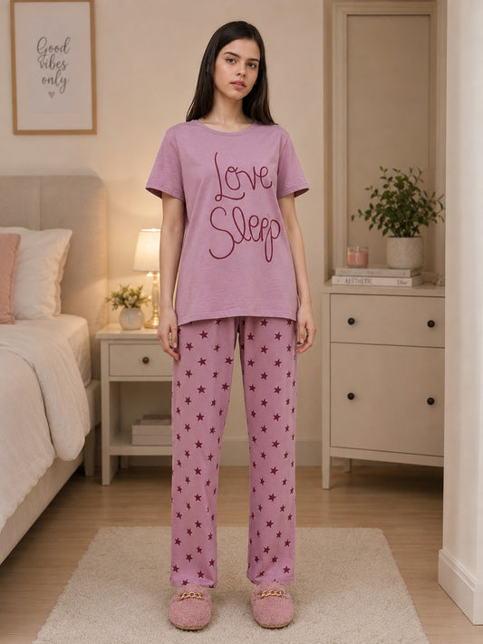 Hot Pink Love Sleep T-shirt With Matching Star Printed Trouser