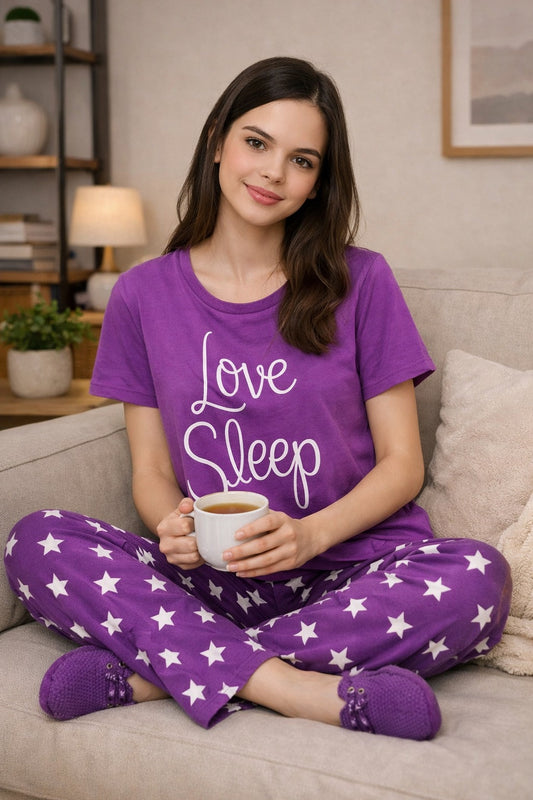 Purple Love Sleep T-shirt With Matching Star Printed Trouser