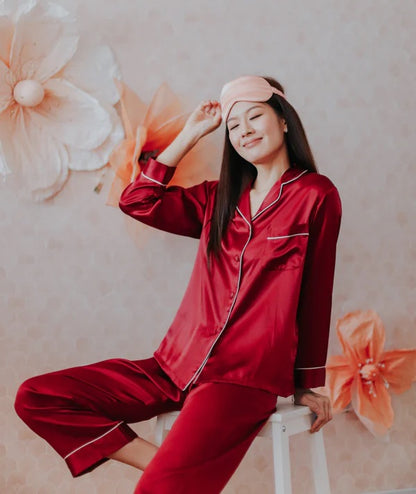 Red Classic White Satin Full Sleeves Night Suit for Women