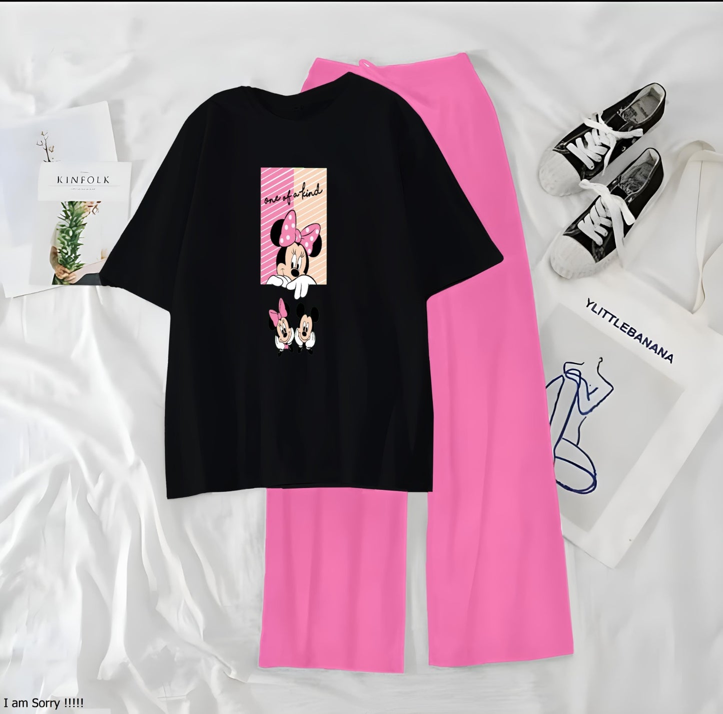Women’s Graphic Print T-Shirt & Wide Leg Palazzo Lounge Set – Soft Casual Co-Ord Nightwear