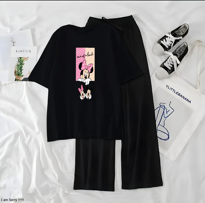 Women’s Graphic Print T-Shirt & Wide Leg Palazzo Lounge Set – Soft Casual Co-Ord Nightwear