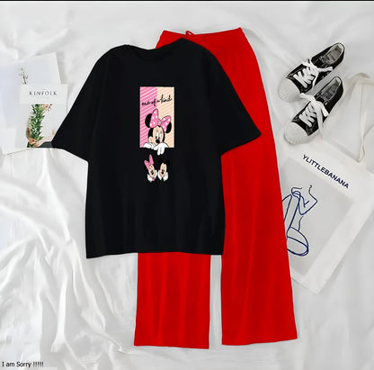 Women’s Graphic Print T-Shirt & Wide Leg Palazzo Lounge Set – Soft Casual Co-Ord Nightwear