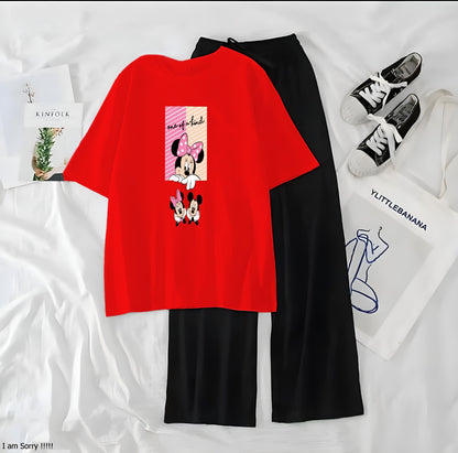Women’s Graphic Print T-Shirt & Wide Leg Palazzo Lounge Set – Soft Casual Co-Ord Nightwear