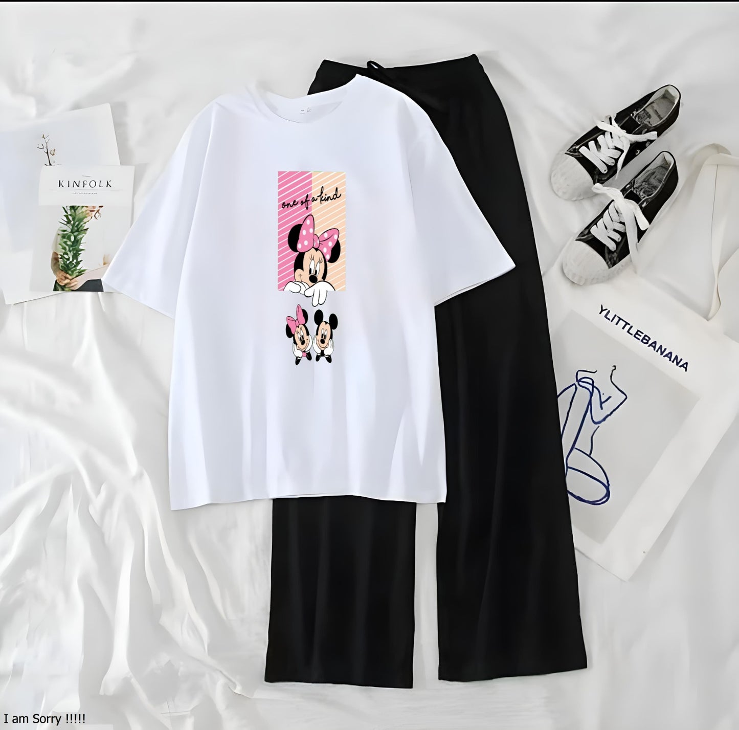 Women’s Graphic Print T-Shirt & Wide Leg Palazzo Lounge Set – Soft Casual Co-Ord Nightwear