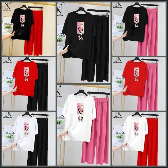 Women’s Graphic Print T-Shirt & Wide Leg Palazzo Lounge Set – Soft Casual Co-Ord Nightwear