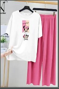Women’s Graphic Print T-Shirt & Wide Leg Palazzo Lounge Set – Soft Casual Co-Ord Nightwear
