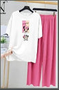 Women’s Graphic Print T-Shirt & Wide Leg Palazzo Lounge Set – Soft Casual Co-Ord Nightwear