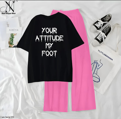 Women’s Graphic Print T-Shirt & Wide Leg Palazzo Lounge Set – Soft Casual Co-Ord Nightwear