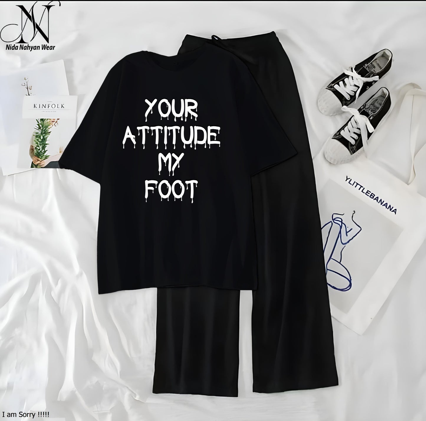 Women’s Graphic Print T-Shirt & Wide Leg Palazzo Lounge Set – Soft Casual Co-Ord Nightwear