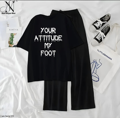 Women’s Graphic Print T-Shirt & Wide Leg Palazzo Lounge Set – Soft Casual Co-Ord Nightwear