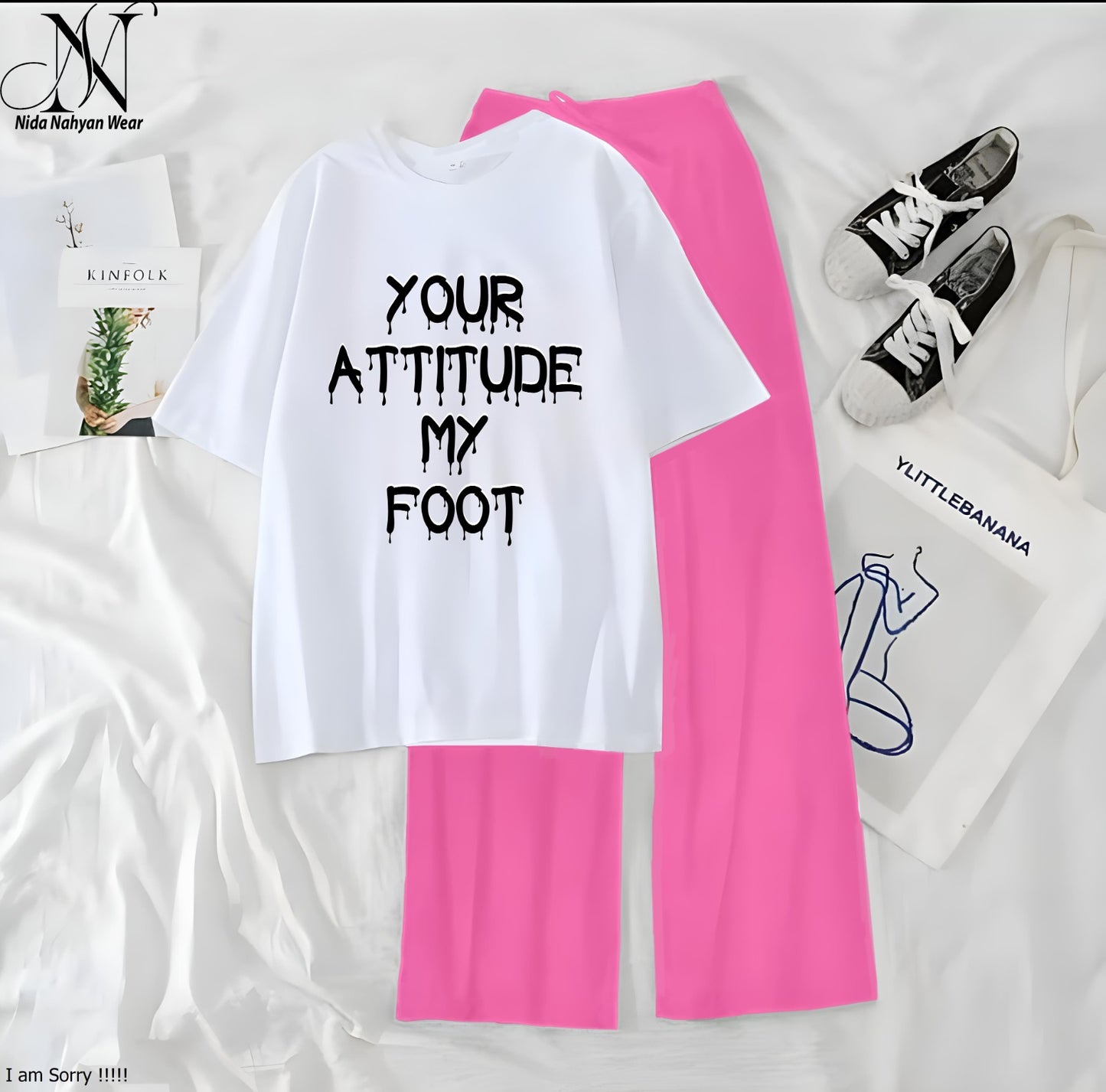Women’s Graphic Print T-Shirt & Wide Leg Palazzo Lounge Set – Soft Casual Co-Ord Nightwear