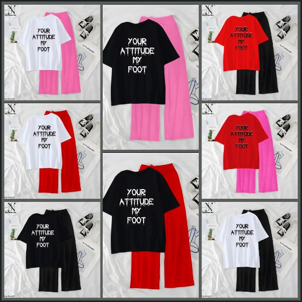 Women’s Graphic Print T-Shirt & Wide Leg Palazzo Lounge Set – Soft Casual Co-Ord Nightwear
