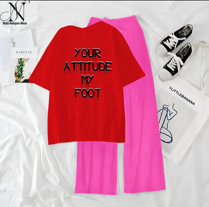 Women’s Graphic Print T-Shirt & Wide Leg Palazzo Lounge Set – Soft Casual Co-Ord Nightwear