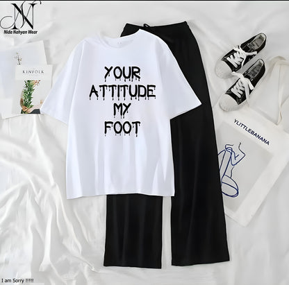 Women’s Graphic Print T-Shirt & Wide Leg Palazzo Lounge Set – Soft Casual Co-Ord Nightwear