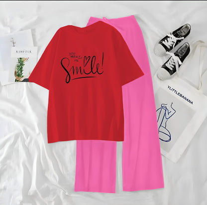 Women’s Graphic Print T-Shirt &amp; Wide Leg Palazzo Lounge Set – Soft Casual Co-Ord Nightwear