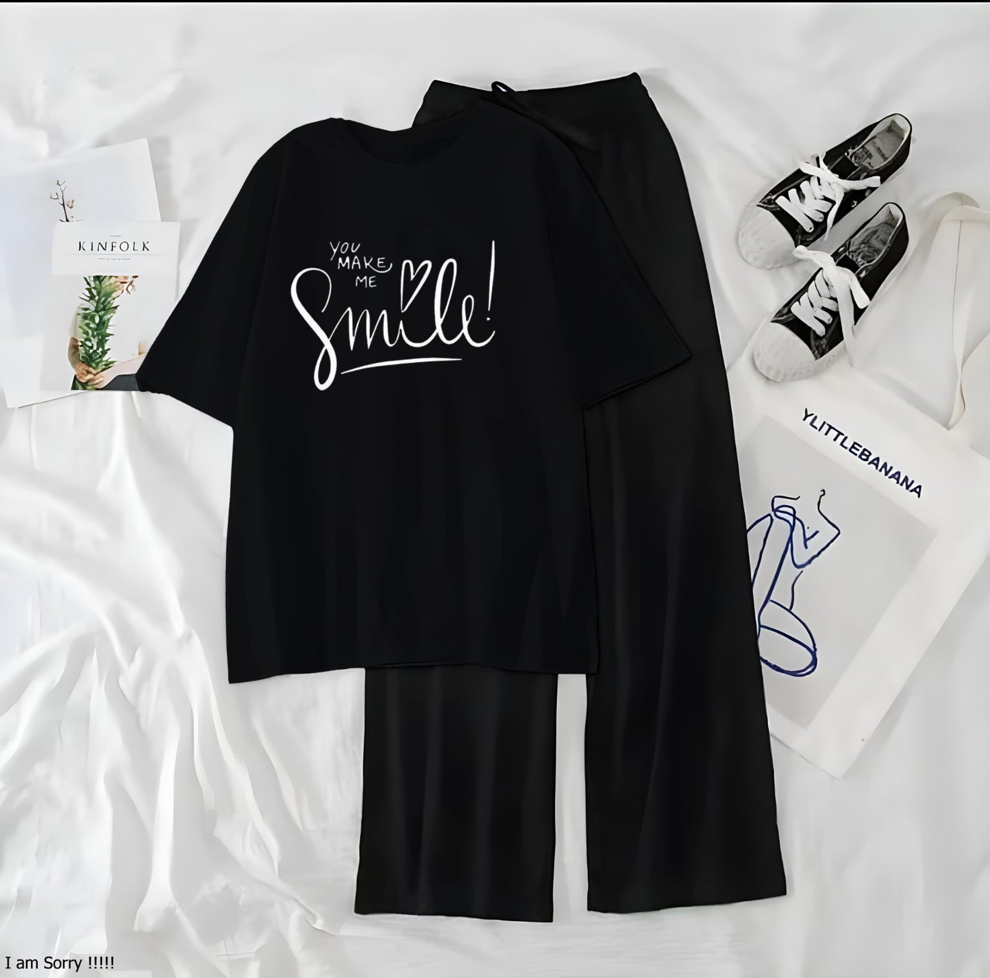 Women’s Graphic Print T-Shirt &amp; Wide Leg Palazzo Lounge Set – Soft Casual Co-Ord Nightwear