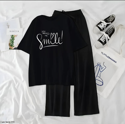 Women’s Graphic Print T-Shirt &amp; Wide Leg Palazzo Lounge Set – Soft Casual Co-Ord Nightwear