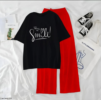 Women’s Graphic Print T-Shirt &amp; Wide Leg Palazzo Lounge Set – Soft Casual Co-Ord Nightwear