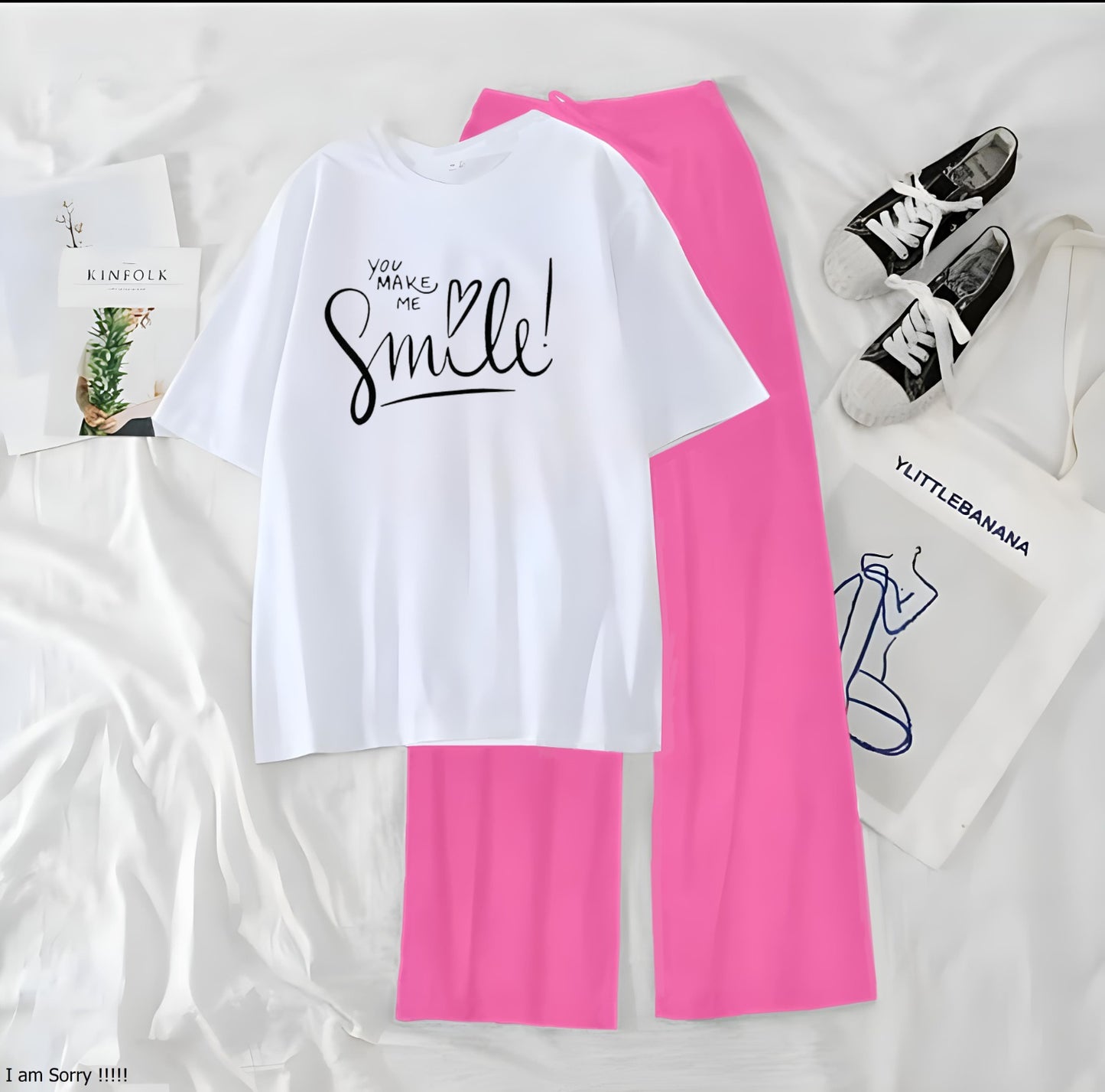 Women’s Graphic Print T-Shirt &amp; Wide Leg Palazzo Lounge Set – Soft Casual Co-Ord Nightwear