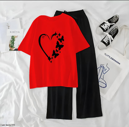 Women’s Graphic Print T-Shirt & Wide Leg Palazzo Lounge Set – Soft Casual Co-Ord Nightwear