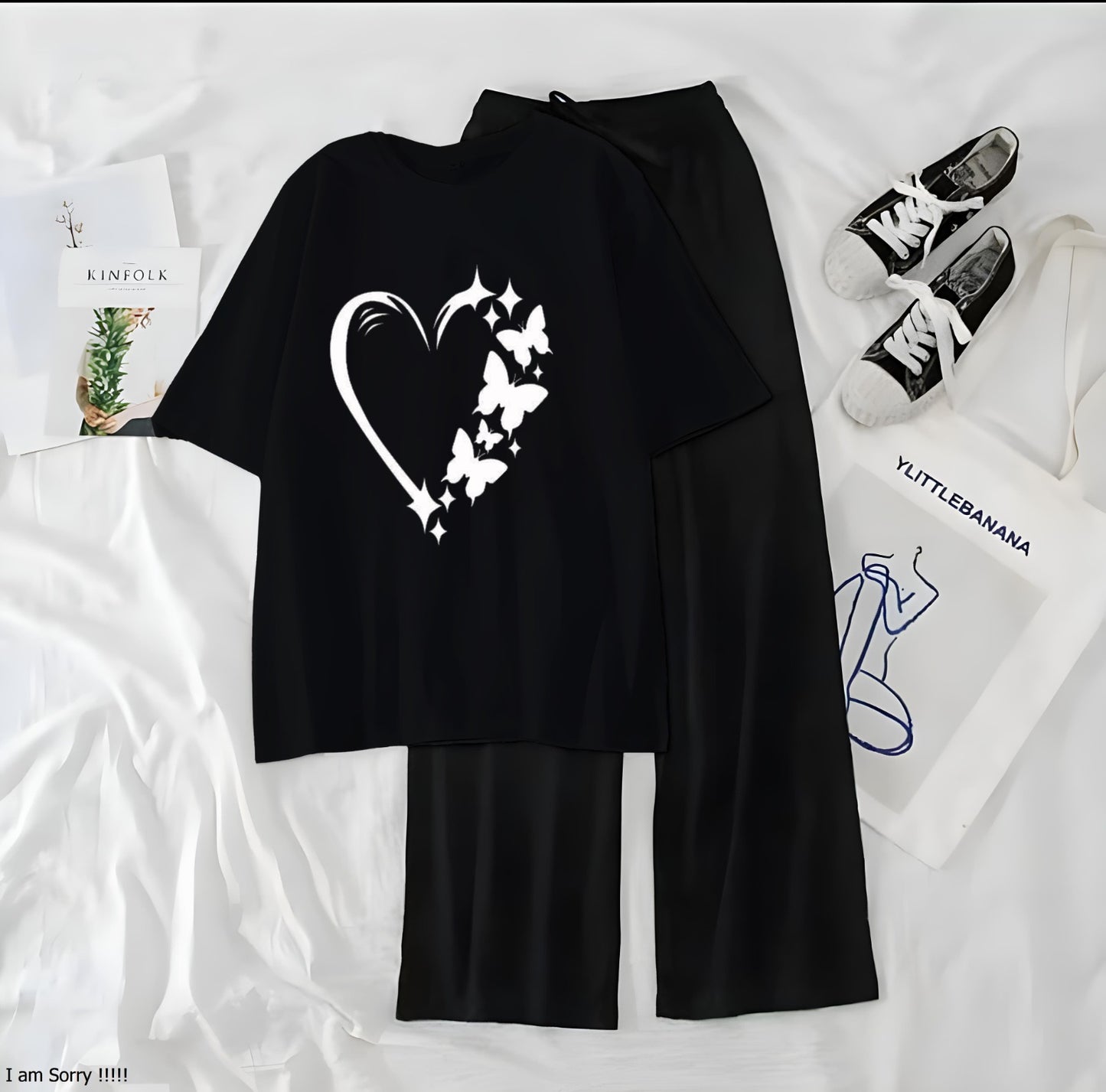 Women’s Graphic Print T-Shirt & Wide Leg Palazzo Lounge Set – Soft Casual Co-Ord Nightwear