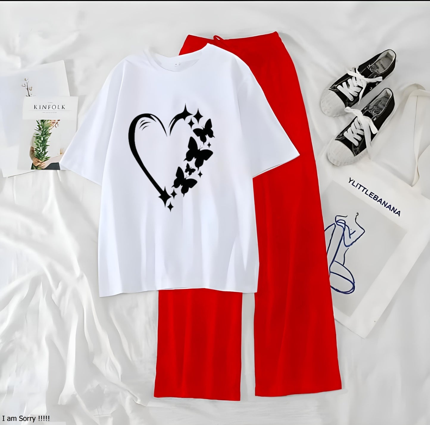 Women’s Graphic Print T-Shirt & Wide Leg Palazzo Lounge Set – Soft Casual Co-Ord Nightwear