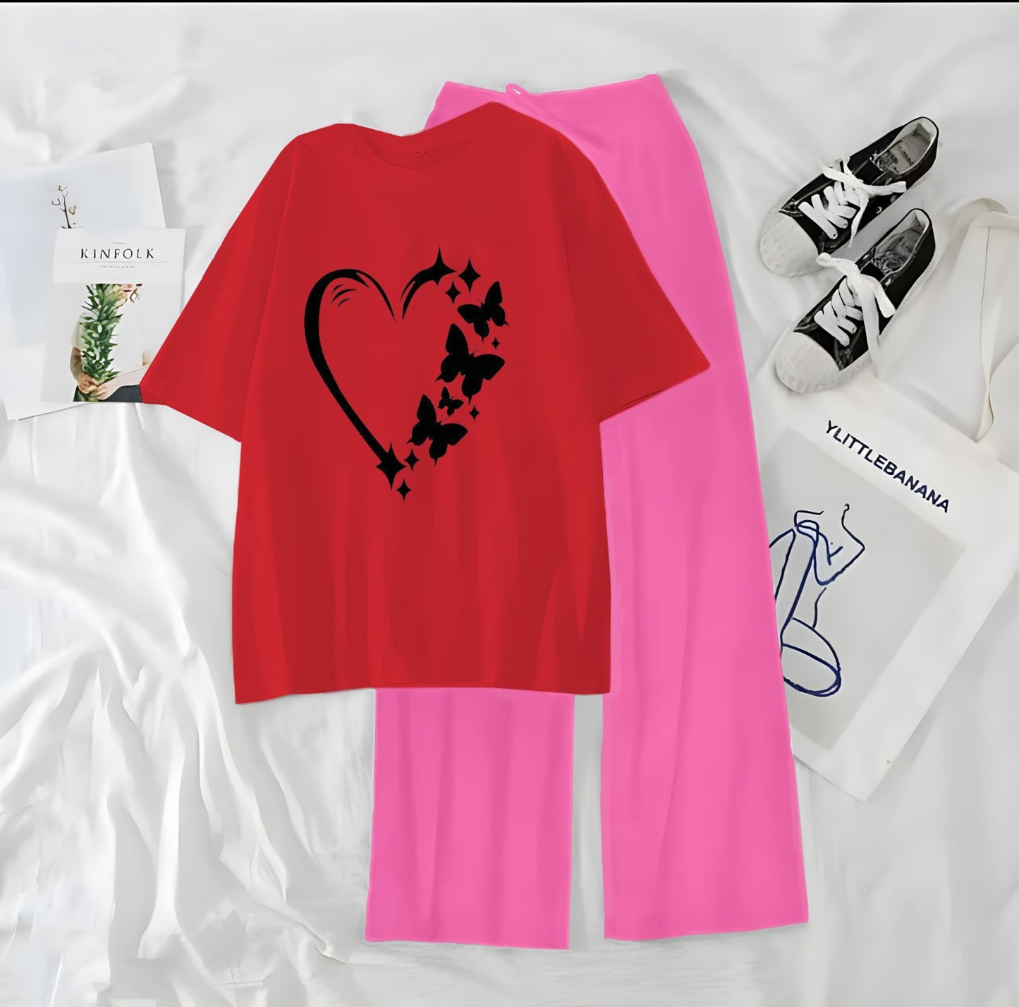 Women’s Graphic Print T-Shirt & Wide Leg Palazzo Lounge Set – Soft Casual Co-Ord Nightwear